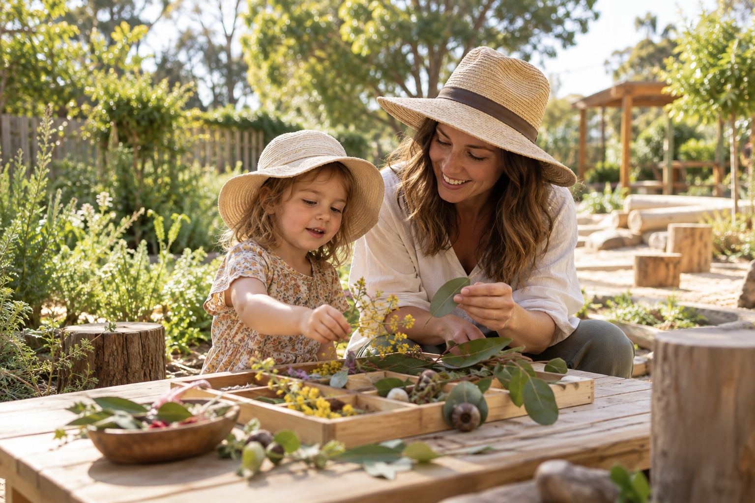 Illustrative mother and child wearing broad-brim hats and exploring a garden together