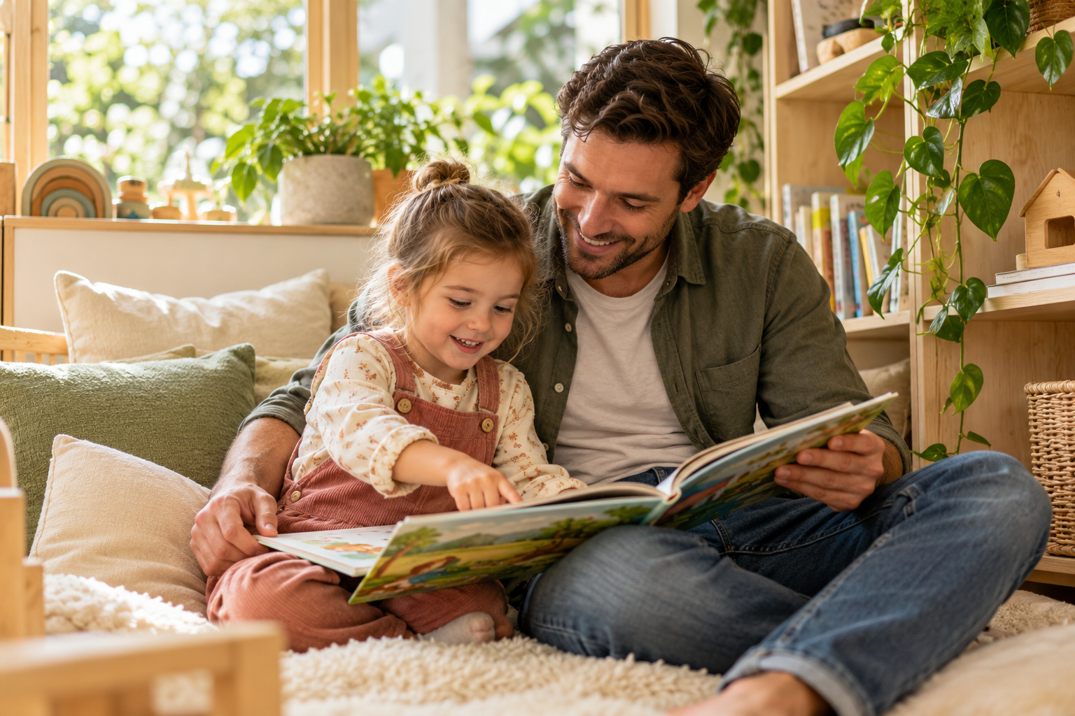 Illustrative father and daughter reading a picture book together at home